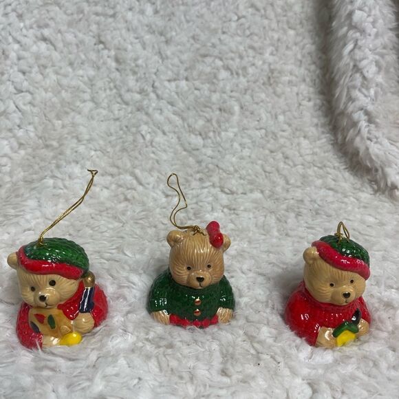 New in Box set of 3PC  ceramic Bear Bell Ornament Red ,Green & Tan colors - Picture 6 of 12